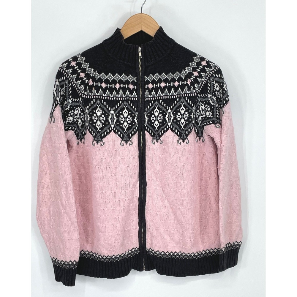 Sag Harbor Womens Sweater Small Cardigan Pink Black Fair Isle Full Zip